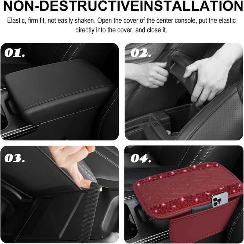 NBTEPEM Bling Burgundy Red Car Center Console Cover, Leather Car Arm Rest Cover with 2 Storage Bags, Universal Auto Armrest Protector Storage Box, Bling Accessories Interior for Most Vehicles - Image 5